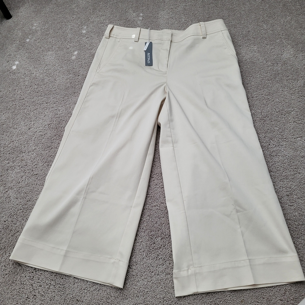 CHICO'S 2p / 12p Cream Wide-Leg Trousers Strech Satin